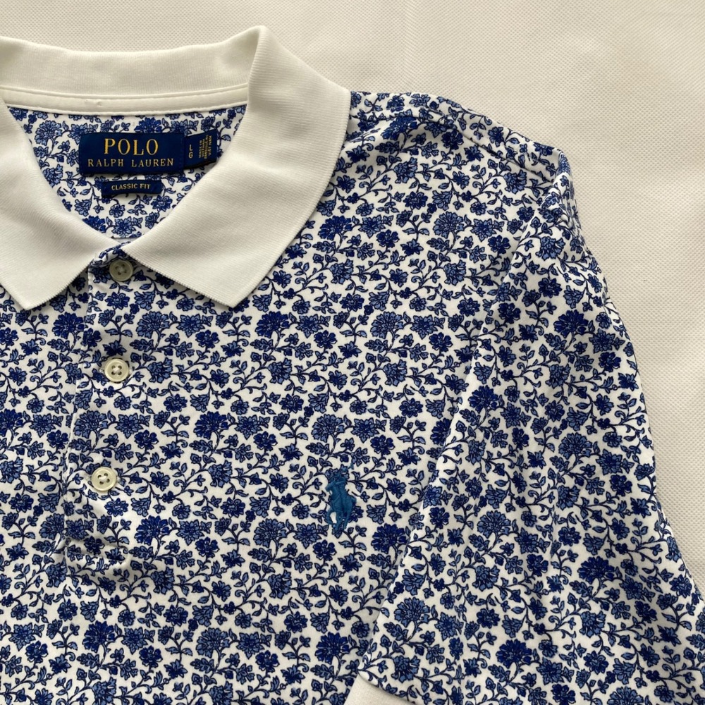 Polo Ralph Lauren Mens Classic Fit Floral Print Polo Shirt Blue White Large